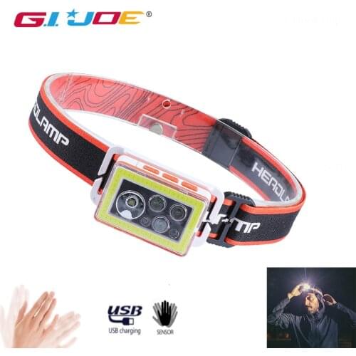 GIJOE Mini COB LED Headlamp Sensor Headlight with Built-in Battery USB Rechargeable Head Lamp Torch 4 Lighting Modes Work Light