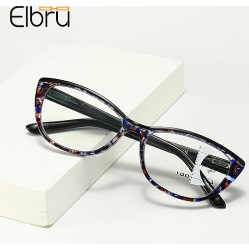 Elbru 2021 Anti Blue Light Progressive Multifocal Smart Zoom Reading Glasses Women Floral Cat Eye Antifatigue Presbyopic Glasses