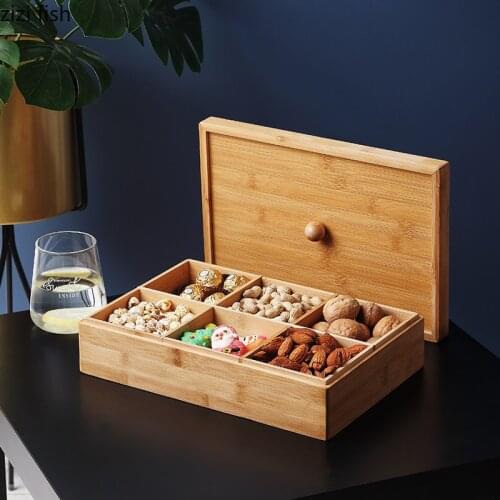 Natural Bamboo Separate Storage Boxes Quality Organizer Box with Lid Minimalist Tabletop Snack Dried Fruit Plates Candy Jar