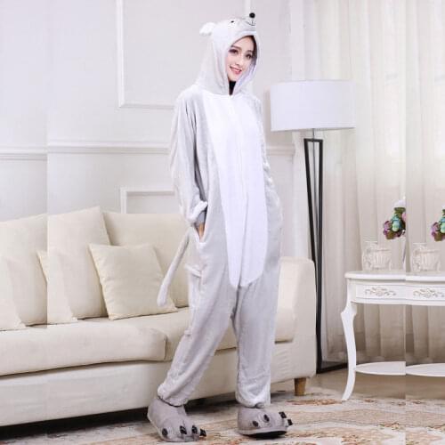 Mouse Pajama Women Animal Kigurumis Gray Onesie Funny Sleepwear Halloween Party Jumpsuit Good Quality Flannel Soft Warm Overalls