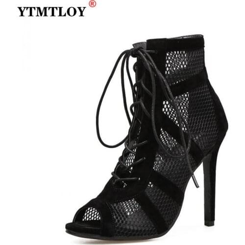 New Fashion show Black Net Fabric Cross strap Sexy high heel Sandals Woman shoes Pumps Lace-up Peep Toe Sandals Casual Mesh