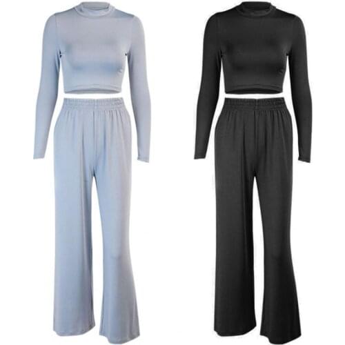 Sexy Two Piece Set Women Skinny Turtleneck Long Sleeve Tracksuit Wide Leg Turtleneck Cropped Top Elegant Female Solid Tracksuit