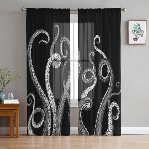 Ocean Octopus Black Window Treatment Tulle Modern Sheer Curtains for Kitchen Living Room the Bedroom Curtains Decoration