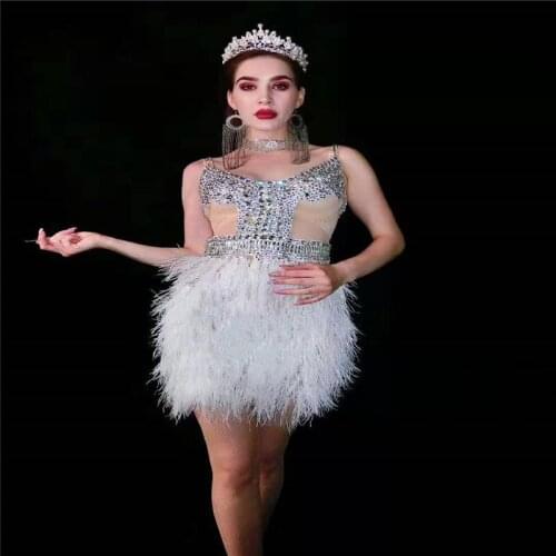 T91 Singer stage dance costumes rhinestons white feather women dress crystals sexy outfit one piece dress club wears dj skirt ds