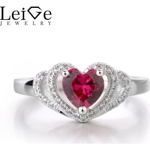 Leige Jewelry Red Ruby Ring Wedding Bands Engagement Ring Heart Shape Mothers Day Gifts 925 Sterling Silver July Birthstone