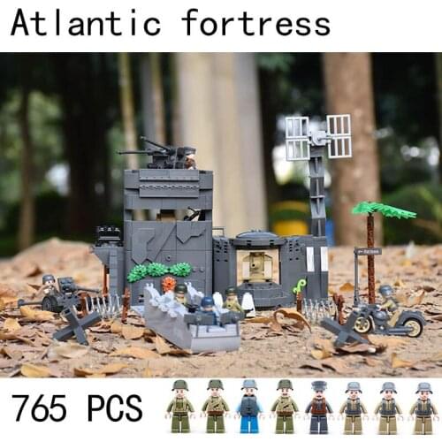 Military German Army Atlantic Fort Bastion MOC Building Blocks toys Weapon War Motorized landing craft shore defense gun Soldier