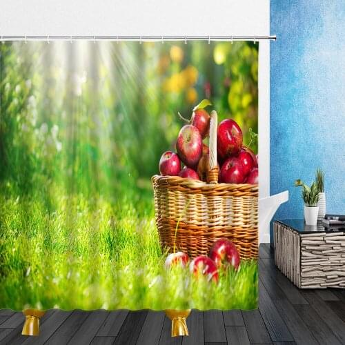 Bright Fruit Shower Curtain Red Apple Yellow Pumpkin 3D Waterproof Polyester Cloth Bathroom Shower Curtains Bath Screen Set