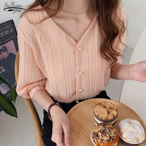 Puff Sleeve Sweet Solid Color Blouse Summer Casual Womens Chiffon Blouses Female Casual Style V Collar Shirt Blusas Femme 15143