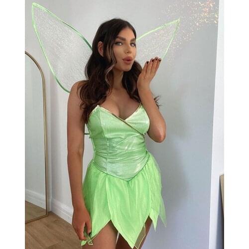 Ladies Halloween Forest Fairy Costume Sexy Solid Color Sequin Tube Tops Short Dress With Wings Personality Green Dark Green S-XL