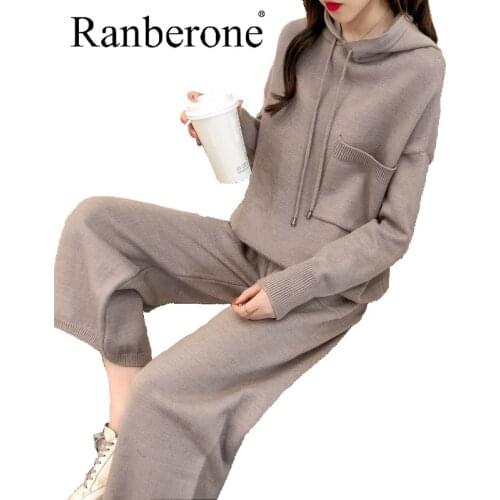 Womens Solid Two Piece Sets Hooded Sweater And Elastic Long Trousers Suits Autumn Winter Knitted Pocket Loose Streetwear