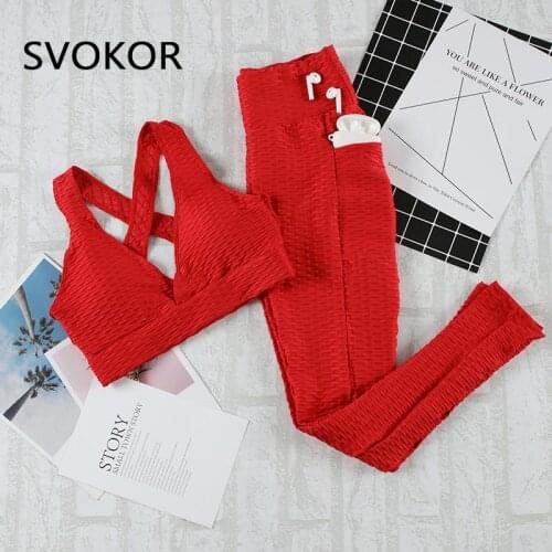 SVOKOR 2/3Pieces Set Women Sports Suit Gym Clothes Women Anti Cellulite Pockets Leggings Shorts Bras Fitness Clothes Tracksuits