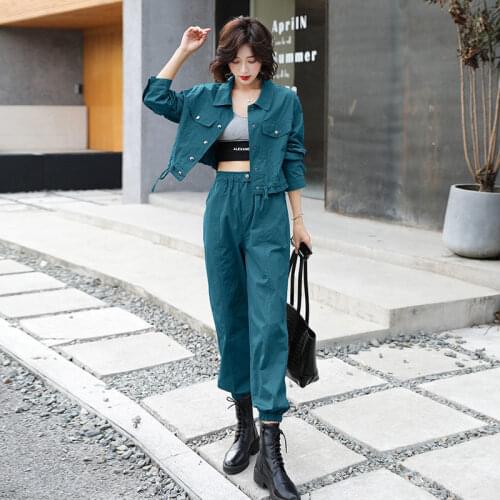 2021 Women Spring Autumn Elegant Suit Female Single Breasted Short Coat And Wide Leg Pant 2 Piece Set Lady Casual Solid Set D498