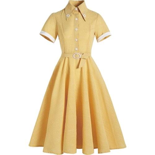 2021 Hepburn Style Shirt Summer Women Dress With Belt Vintage England Plaid Yellow Floral Short Sleeve Swing Pin Up Sundress