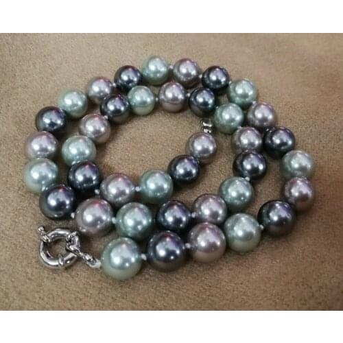 Woman classic jewelry necklace 10mm round bead gray green mixed Natural SOUTH SEA SHELL PEARL NECKLACE 18'' 45cm
