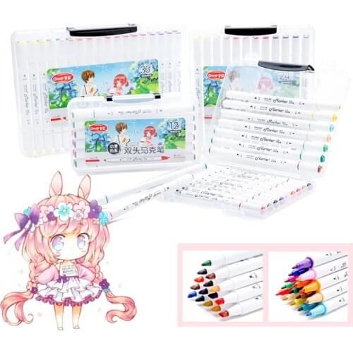12/24/36/48Student Anime Design Hand-painted Pen Double Head Alcohol Oil Color Marker Set School Supplies Watercolor Brush Pen