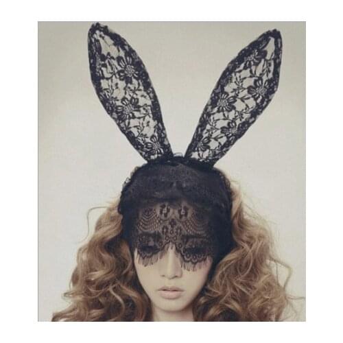 12pcs/lot Lady Gaga Black Bunny Girls Lace Eyeshade Veils Masks Headbands Headwear Wedding Birthday Costume Party Decors