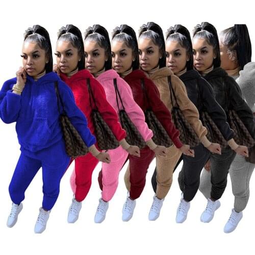 Adogirl Plus Size S-5XL 2 Piece Set Woman Solid Warm Thick Plush Hooded Long Sleeve Pockets Sweatshirt and Jogger Sweatpant