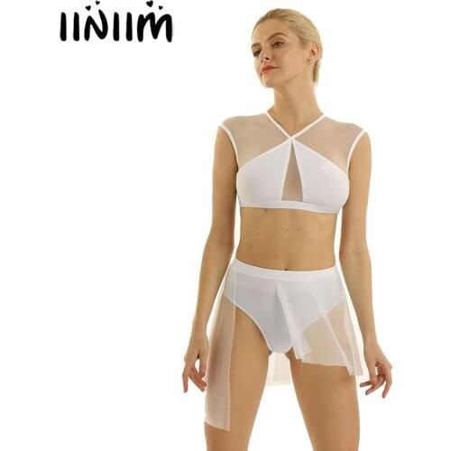 Adult Asymmetric Lyrical Ballerina Ballet Costume Dancewear Criss Cross Back Tops with Tutu Skirt Gymnastics Leotard for Womens