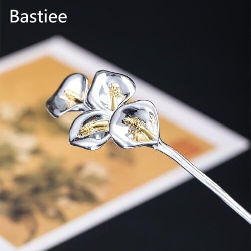 Bastiee Calla Lily 925 Sterling Silver Hair Stick Luxury Hair Jewelry Hairpins Women Accessories Wedding Hairpin Ancient