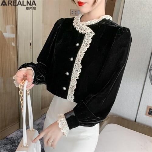 Spring elegant Womens Blouse Korean Fashion Lace Ruffles Velvet Top Sweet Vintage Casual fashion Blouses Shirt chemisier femme