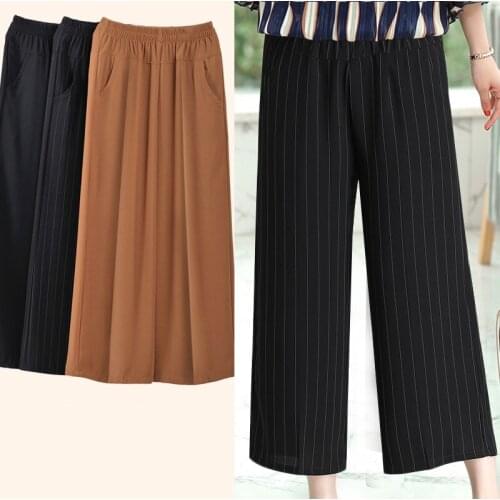 Middle-aged ladies Wide-leg pants Black Loose Elastic waist Women pants Plus size 5XL Chiffon Mother Pocket Nine-point pants