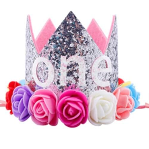 Kids Baby 1st Birthday Hat Glitter Crown Flower Head Hair Band Party Headwear