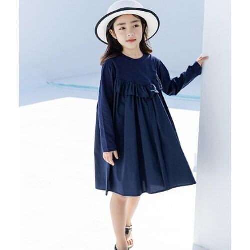 Kids Dress for Girl 2021 New Spring Cotton Blue Princess Costume A-Line Teens Girls Dress Childrens Clothing 6 8 10 12 14 Yrs