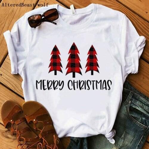 MERRY CHRISTMAS tshirt women plaid tree print t shirt tops female casual short sleeve vogue clothes women harajuku cute T Shirt