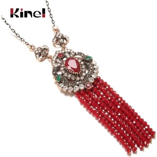 Kinel Luxury Natural Stone Long Tassel Pendant Necklace For Women Antique Gold Color Vintage Red Crystal Ethnic Bridal Jewelry