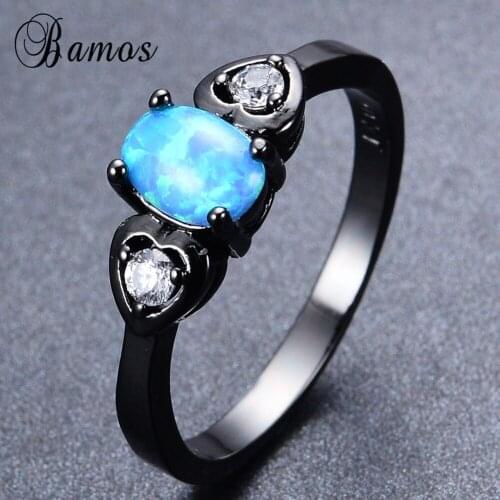 Bamos Cute Jewelry White Zircon Double Heart Rings For Women Men Black Gold Filled Wedding Party Blue Fire Opal Ring Anel RB1293