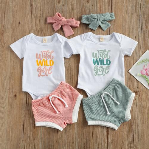 3Pcs Newborn Baby Girls Set Letter Print Short Sleeve O Neck Romper Ribbed Shorts Headband Infant Toddler Summer Sets 0-18M