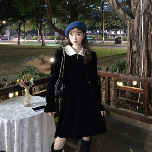New 2020 Winter Japanese Vintage Diablo Loose Women Dress Lolita Style Peter Pan Collar Flare Sleeve Ruffles Ladies Women Dress
