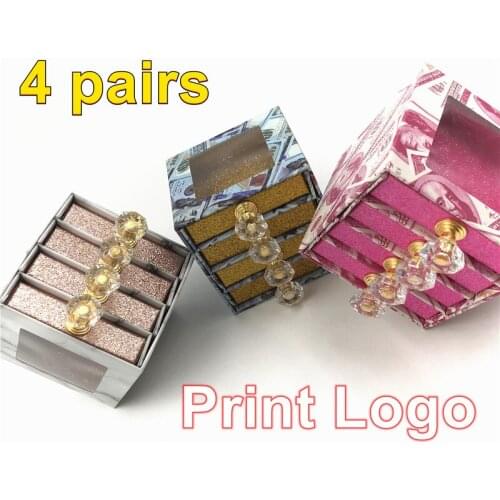 Wholesales Crystal handle NEW 25mm 4 pairs False Eyelashes Packaging Box Lash Boxes Custom Your Logo Fake 3d Mink Lashes makeup