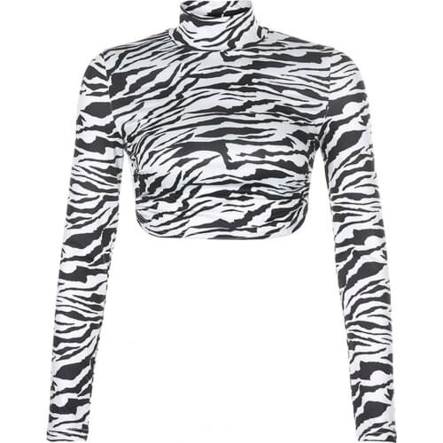 Sexy Women Long Sleeve Turtle Neck Zebra Print Backless Strap Crop Top Blouse