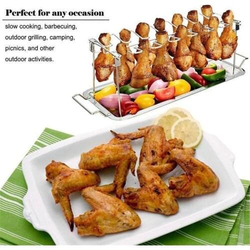 Practical Beef Chicken BBQ Leg Wing Grill Rack 12 Slots Stainless Steel Barbecue Drumsticks Holder Smoker Oven Roaster Stand