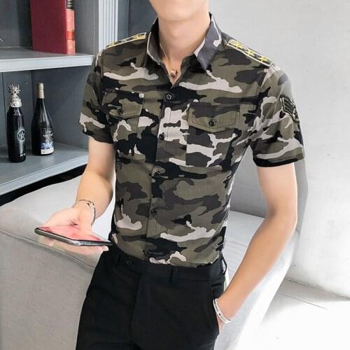 Plus Size 5XL-M Summer Camouflage Print Short Sleeve Shirts Men Clothing 2021 Fashion Front Pockets Decor Slim Fit Blouse Homme