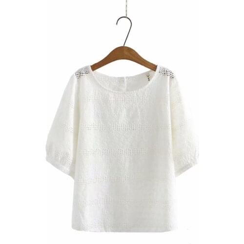 Plus size O-Neck button hollow out cotton t shirts 2021 new summer short sleeve tshirts Womens tee shirts white pink sky blue