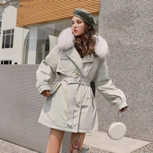 Winter Women Big Real Fur Collar Hooded Down Parkas 90% White Duck Down Coat with Belt Thick Warm Windbreaker Outwear