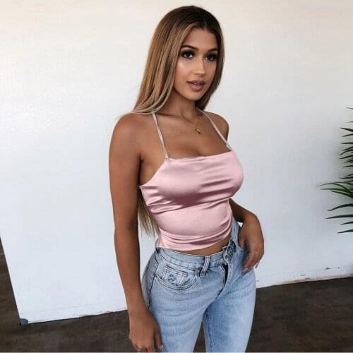 WomenS Sexy Tank Top Imitated Silk Fabric Lace Up Camis Backless Tops Slim Solid Spaghetti Strap Fit Female Camisole Party Club