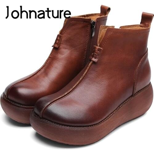 Johnature 2021 New Autumn Winter Boots Genuine Leather Round Toe Retro Casual Fashion Zipper Platform Women Shoes Ankle Boots