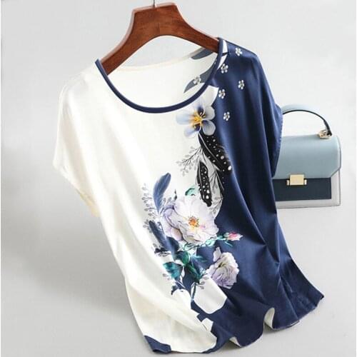 Ice Silk T-Shirts Women Summer Middle Aged 2021 New 4xl Print Floral Shorts Tops Loose Casual O-Neck Short Tee T-Shirts LJ3359