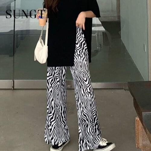 Sungtin High Waist Zebra Pattern Pants Women Korean Elastic Waist Wide Leg Pants Fashion Streetwear Loose Straight Full Length