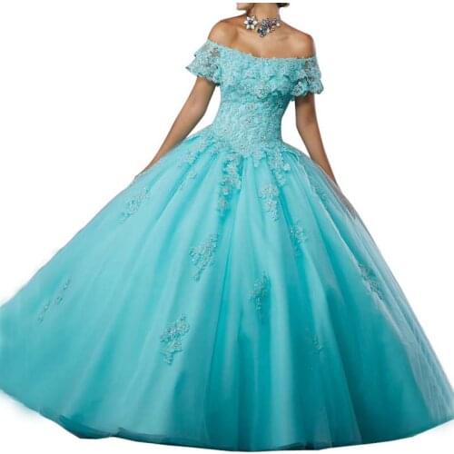 Womens Ball Gown Quinceanera Dresses Off Shoulder Lace Tulle Sequined Girls Princess Sweet 15 16 Prom Gowns