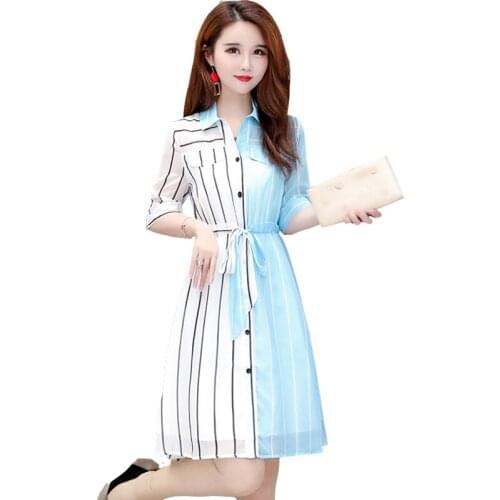 Oversize Womens Dress 2021 Summer Women New Chiffon Dress Striped Sunscreen Shirt Dress Female Stitching Thin Dresses Clothing