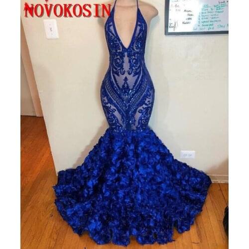 2019 Custom Made Deep V Neck Backless Mermaid Illusion Prom Gowns With Flowers Bottom Royal Blue Sequin Lace Evening Dresses