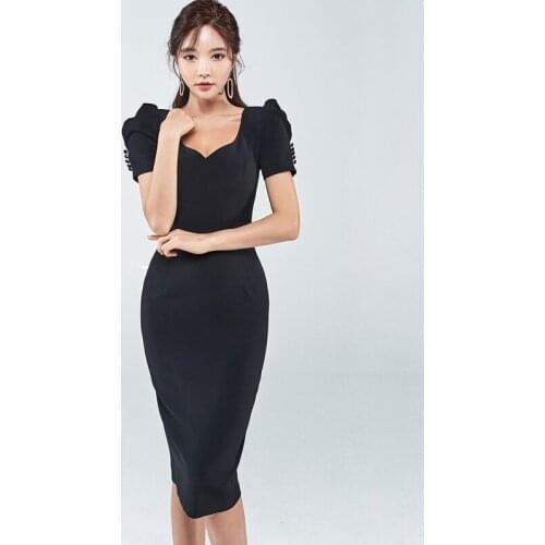 Fashion Summer Vintage Puff Sleeve Button Midi Party Dress Ladies OL Streetwear Elegant V-Neck Black Skinny Bodycon Pencil Dress