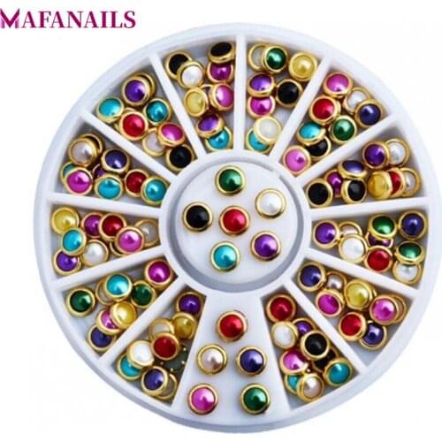 1 Wheel 4mm Colorful Pearl Rivet Mini Pearl Gems with Gold Accent Rims 3D Nail Art Flatback Resin Gems For Nail Decoration ZP-6