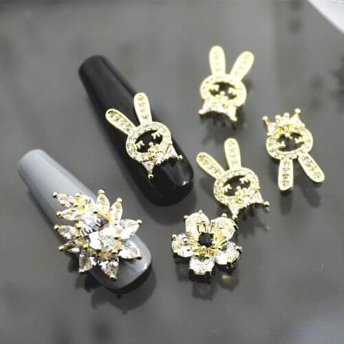 1Pcs/Lot Japan Korea Metal Alloy Nail Art Parts Fashion Zircon Rhinestone Flower Drop Rabbit 3D DIY Accessories Stickers Charms
