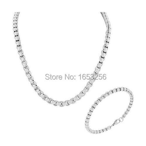 One Set Stainless steel Square Rolo chain Necklace + Bracelet For Women Men 4mm wide