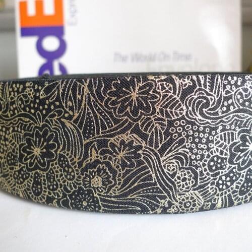 10 Yards 60mm Wide Flower Pattern Gold Color Silk Printing Elastic Webbing